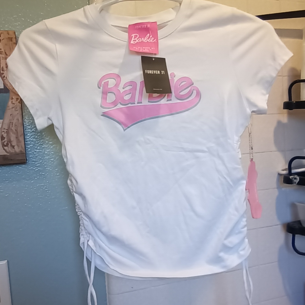 Forever 21 White and Pink Barbie Logo Tee